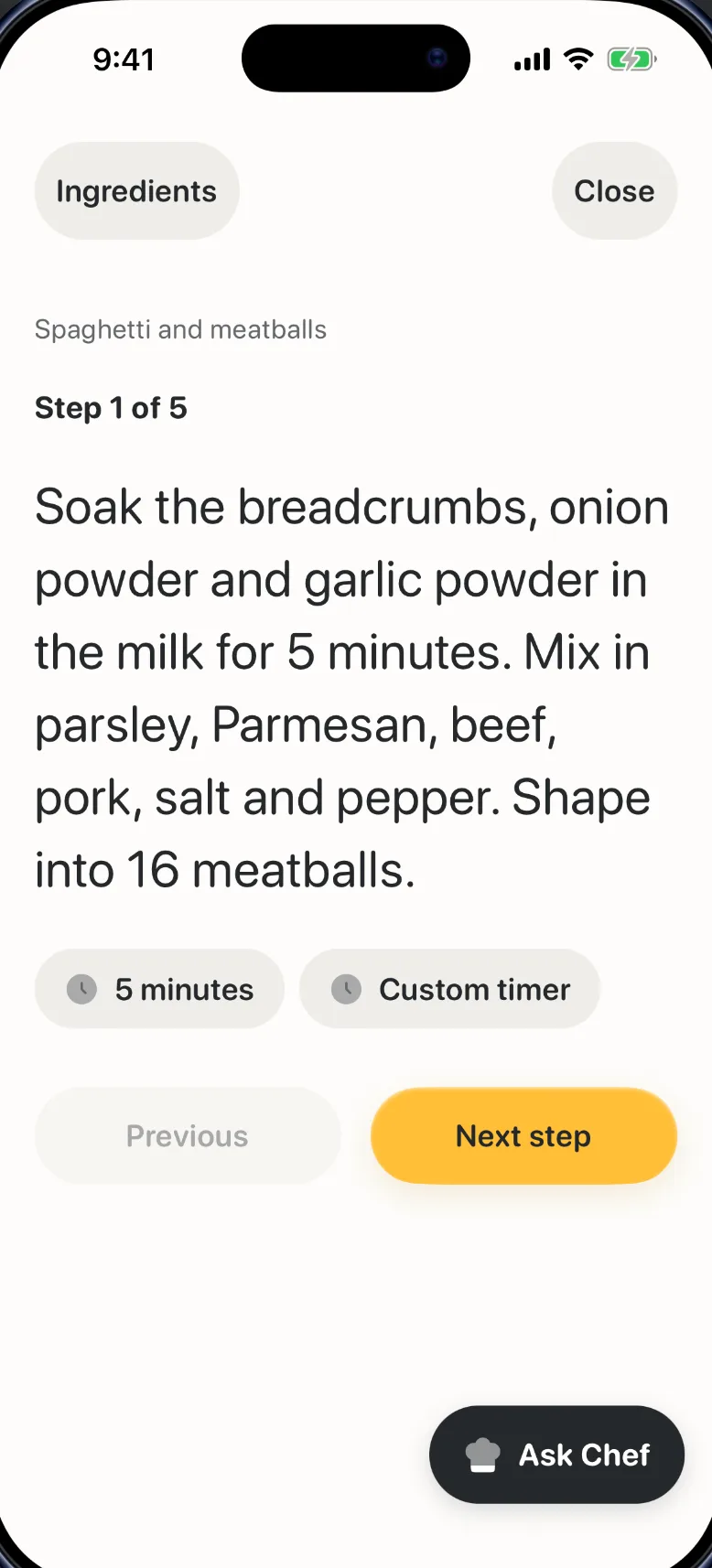Cook Mode showing step 1 of 5 with a 5 minute timer and Next step button